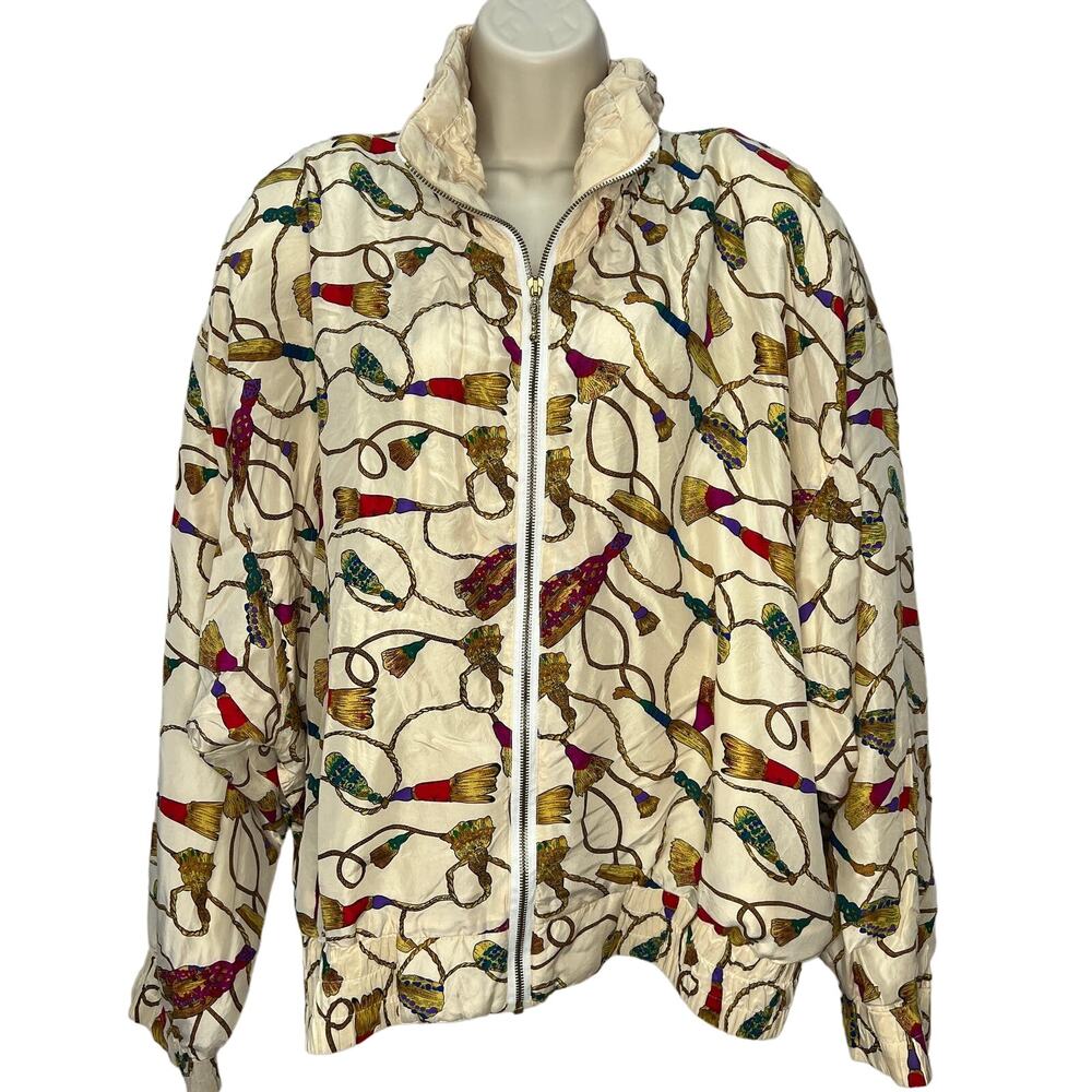 Vintage Lavon Silk Windbreaker Jacket Cream Gold Tassels Size XL 80s 90s Womens